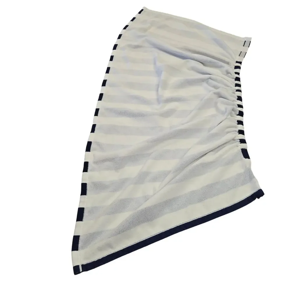 Saks Fifth Avenue Wrap Bath Towel Hook and Loop‎ Terry Cloth Striped Blue White